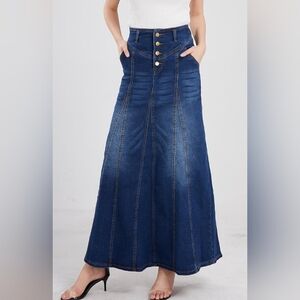 New Chartou Women's Retro Button-Fly Blue A-Line Maxi Long Denim Skirt Large